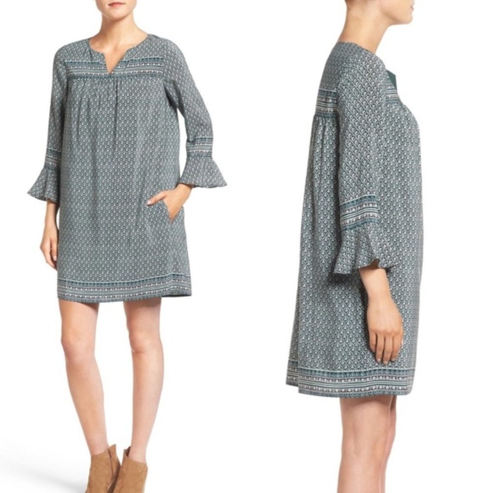 Madewell Green Bell-Sleeve Silk Dress in Bandana Floral Size XS​​​